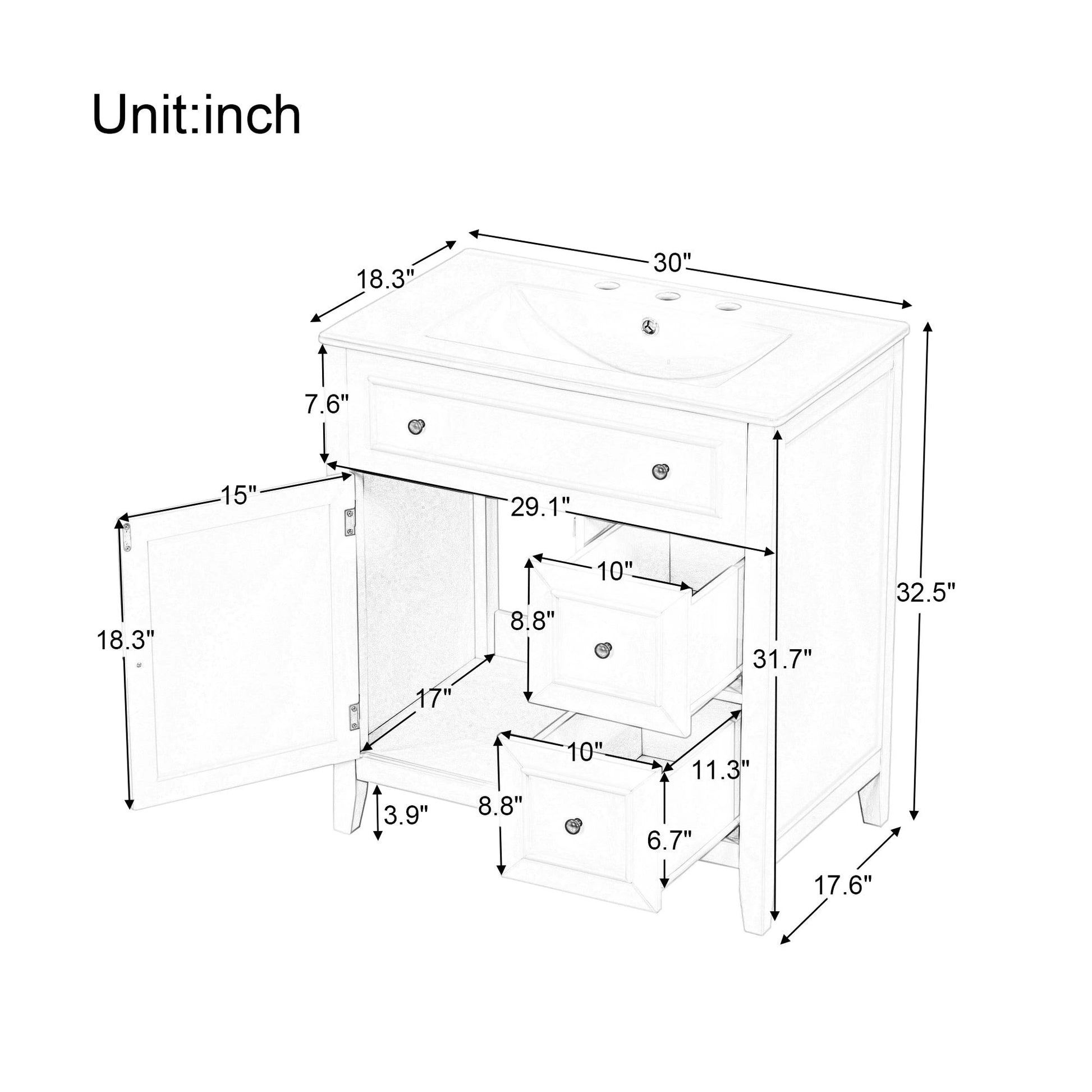 30" Bathroom Vanity with Sink Top, Bathroom Vanity Cabinet with Door and Two Drawers, Solid Wood Frame, One Package, White by eprolo