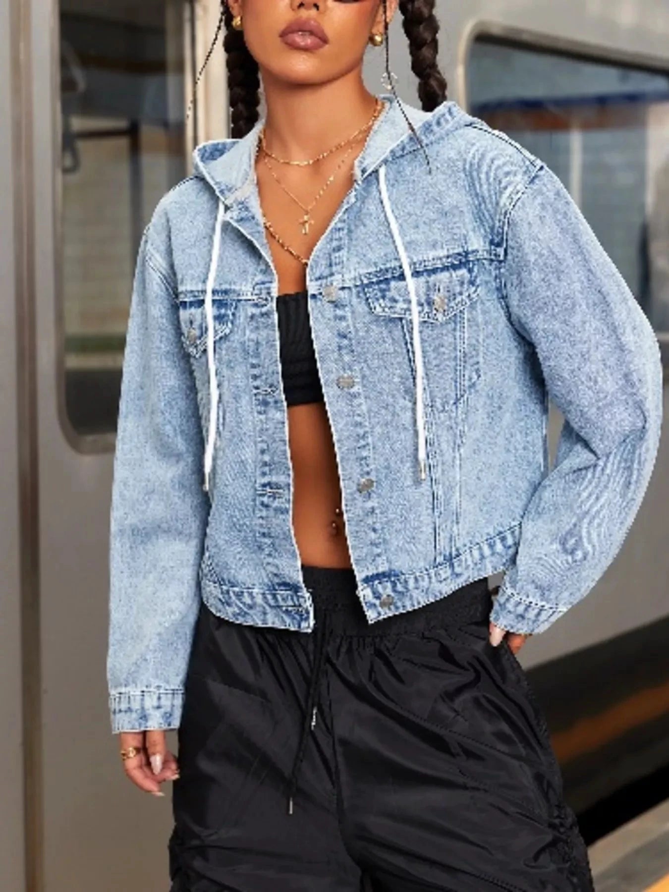 Hooded Drawstring Cropped Denim Jacket by Trendsi