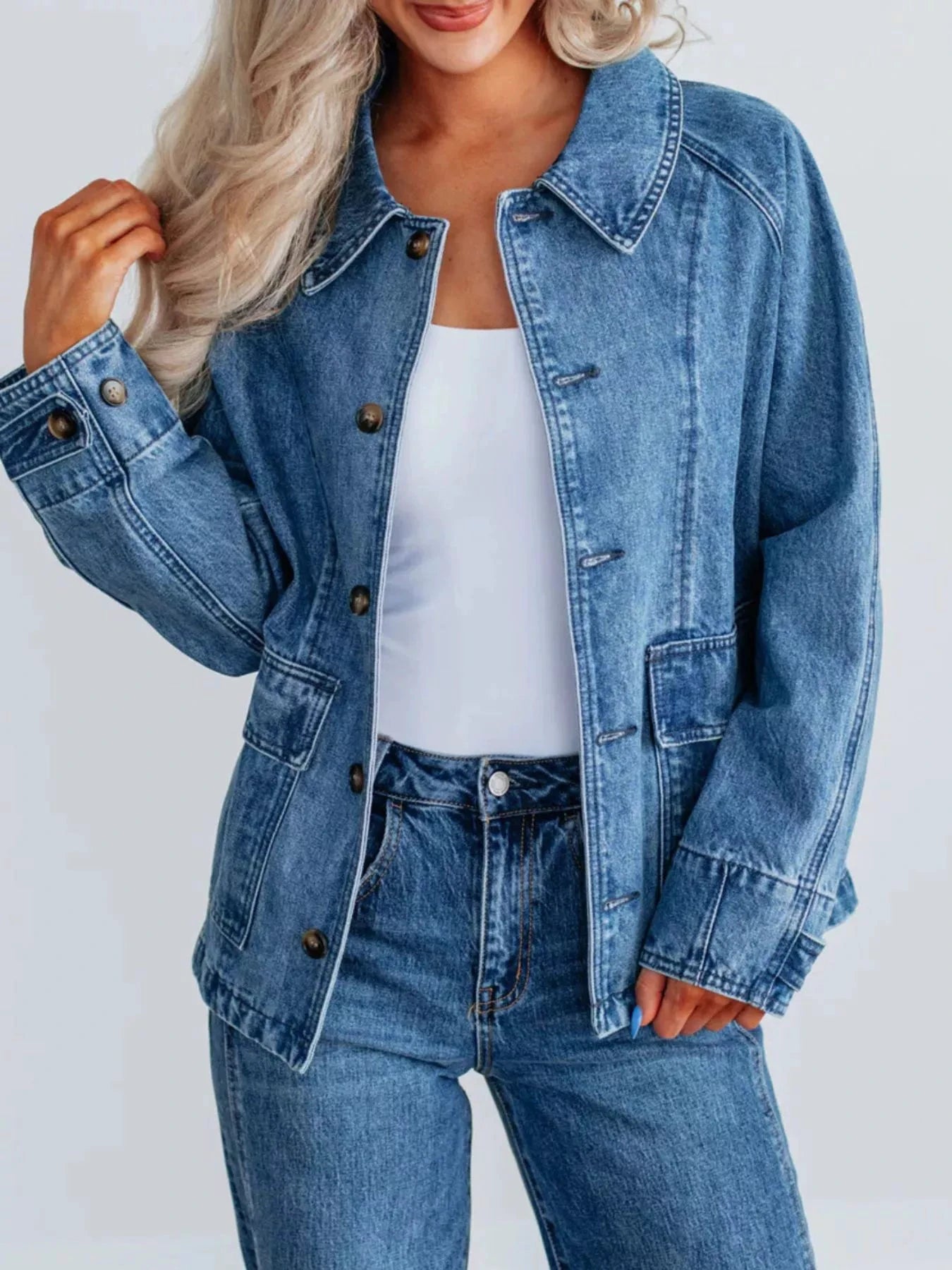 Button Up Raglan Sleeve Denim Jacket by Trendsi