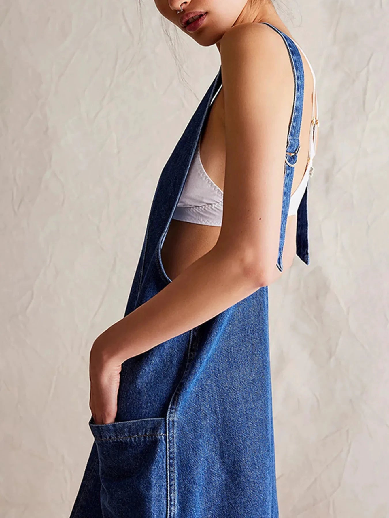 Oversized V-Neck Denim Tank Dress with Front Pockets by Trendsi