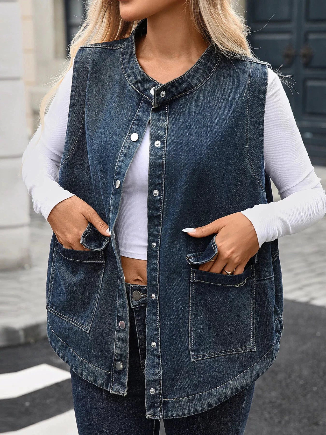 Snap Down Sleeveless Denim Jacket by Trendsi