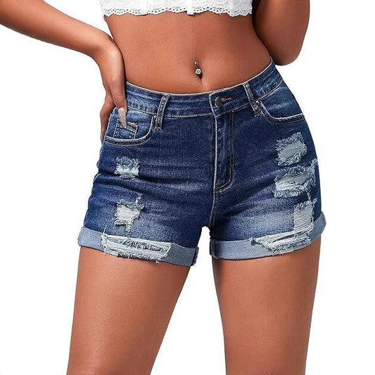 Elastic Hole Rolled Hem High Waist Women's Shorts Streetwear Spicy Girl Denim Pants