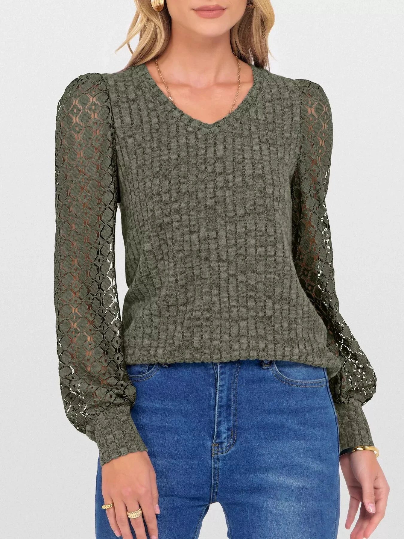 Lace Sleeve V-Neck T-Shirt by Trendsi