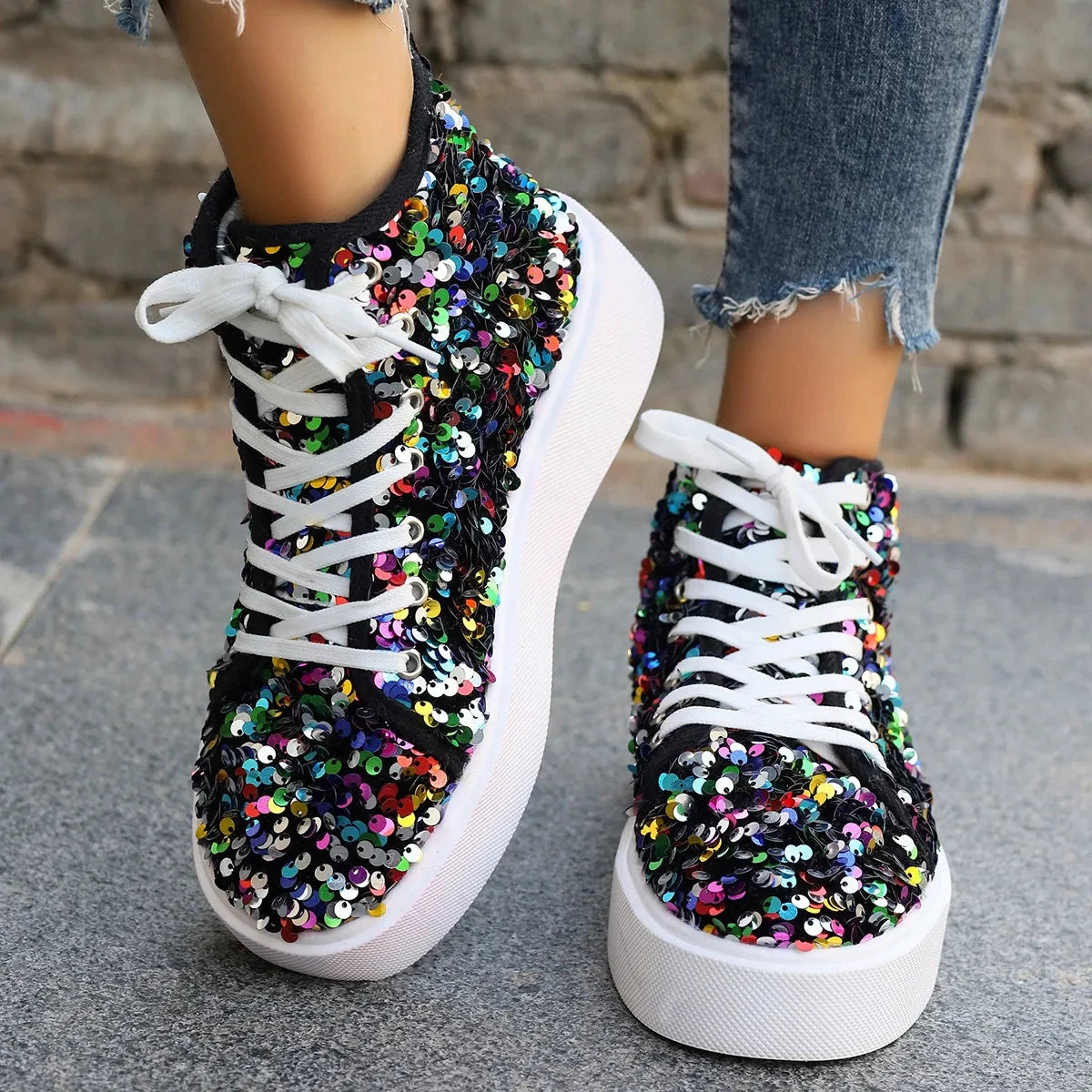 Sequin Round Toe Platform Sneakers by Trendsi