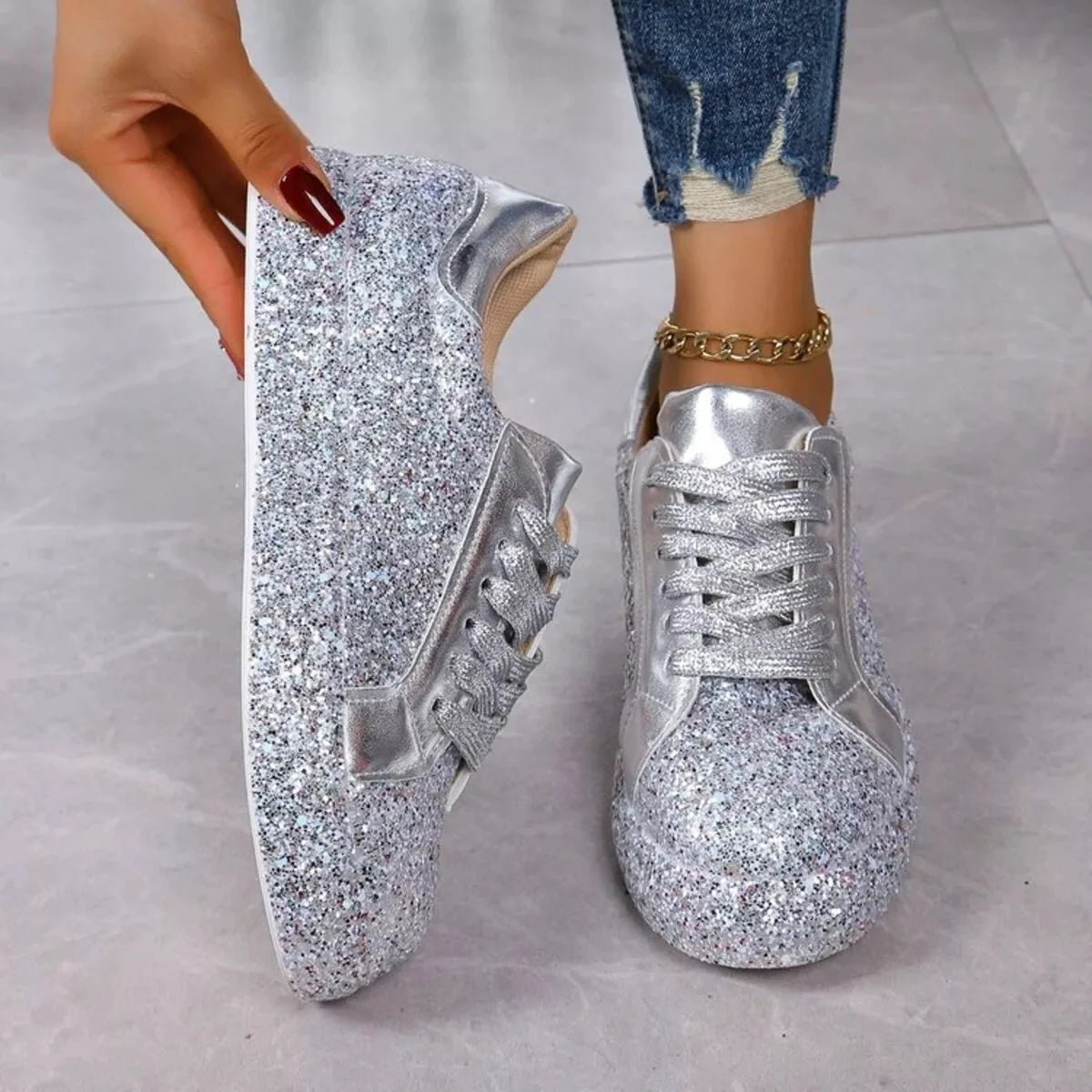 Sparkling Lace Up Sneakers by Trendsi