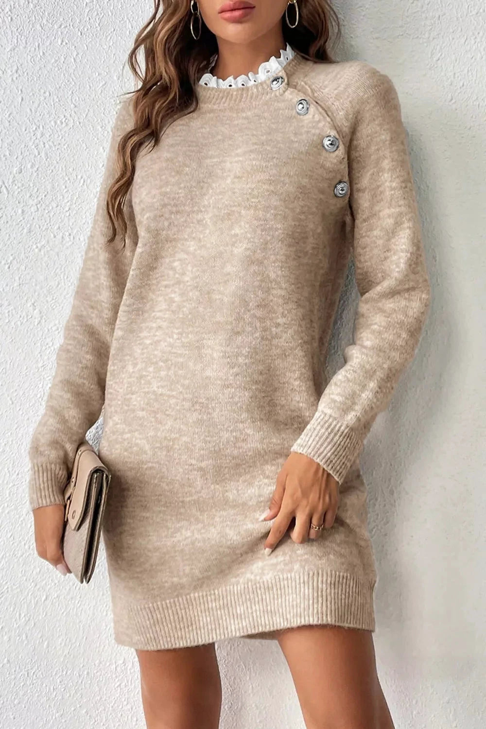 Ribbed Hem Raglan Sleeve Sweater Dress by Trendsi
