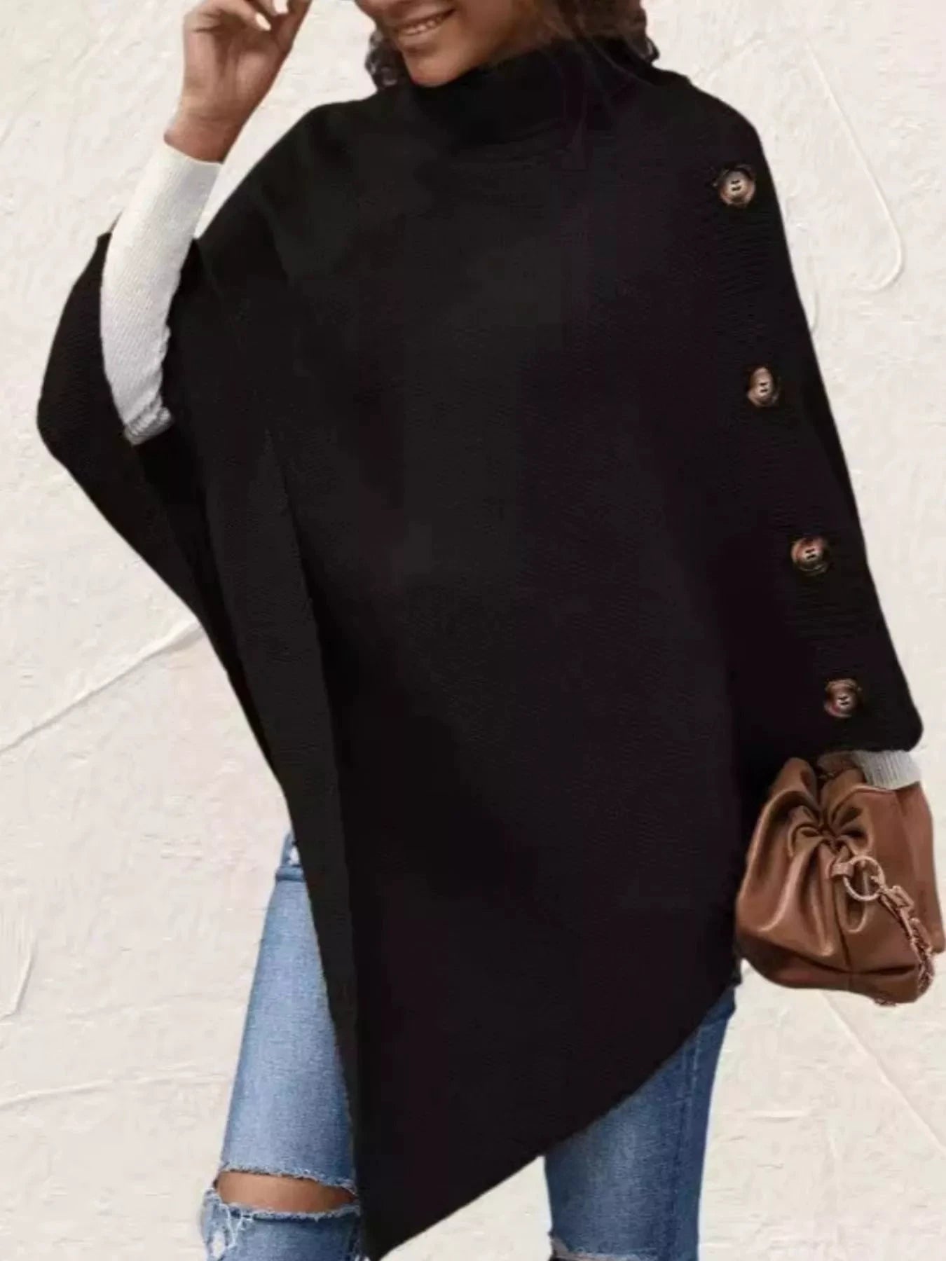 Button-Decor Turtleneck Poncho Pullover by Trendsi