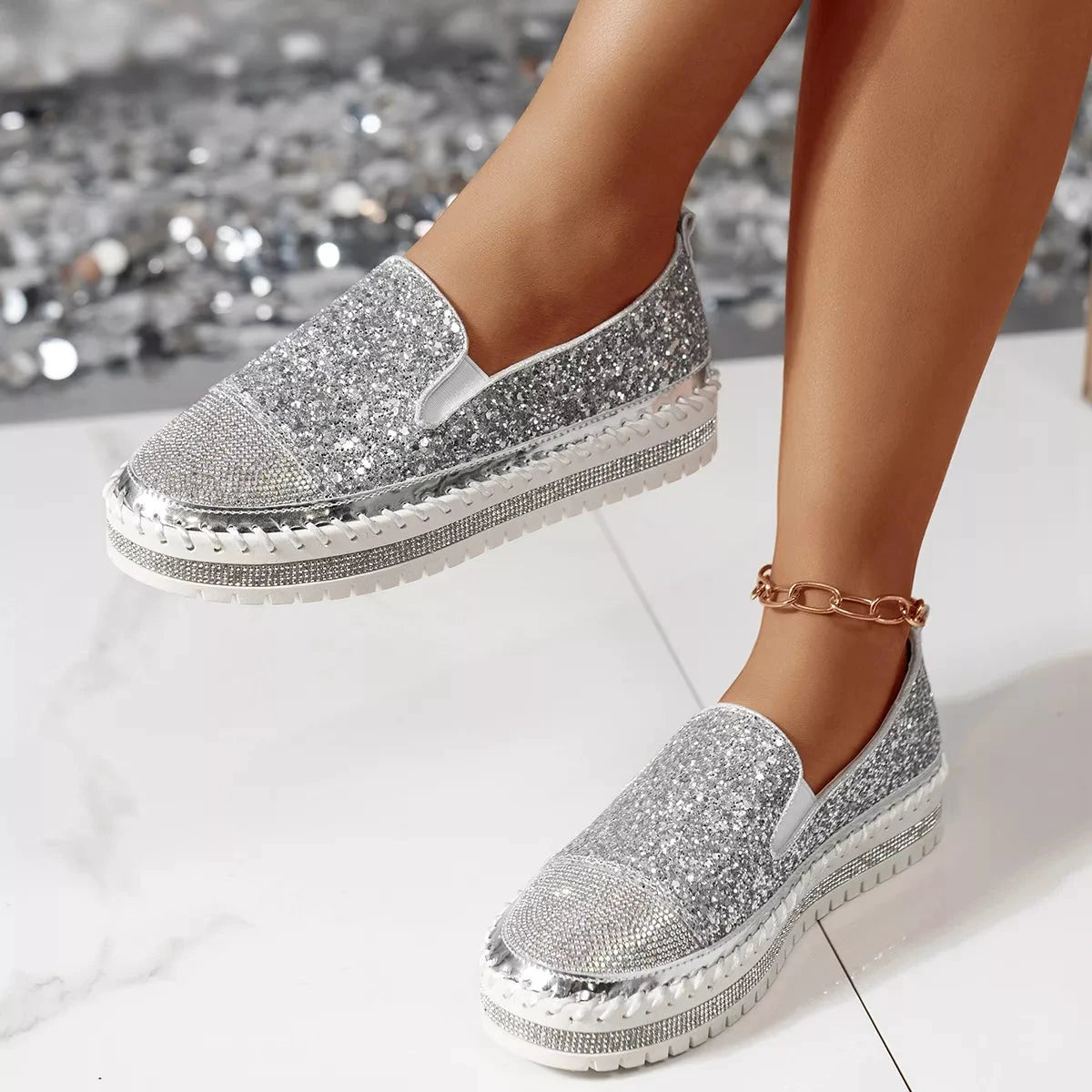Rhinestone Sequin Round Toe Platform Loafers by Trendsi