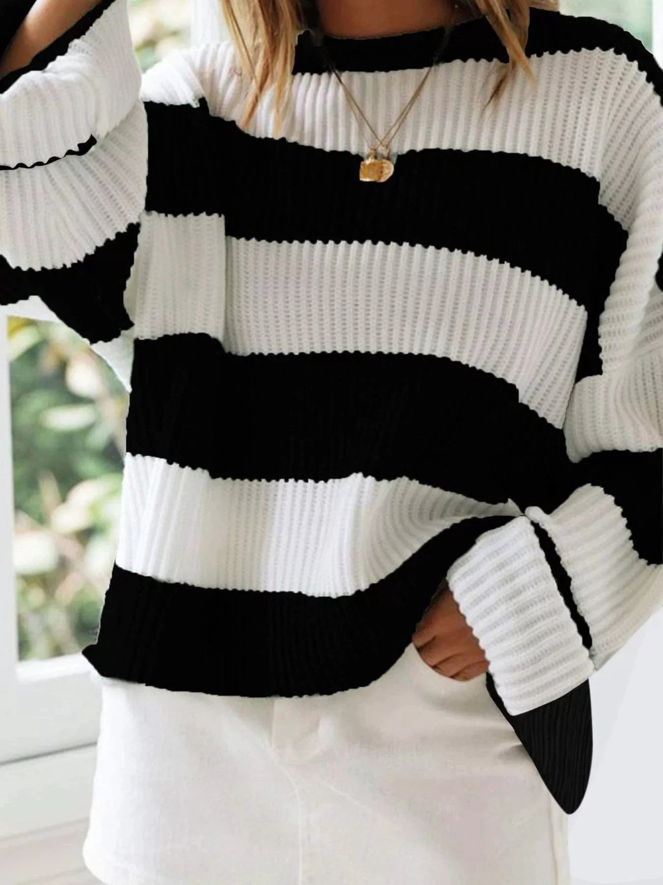 Full Size Contrast Striped Round Neck Sweater Plus Size by Trendsi