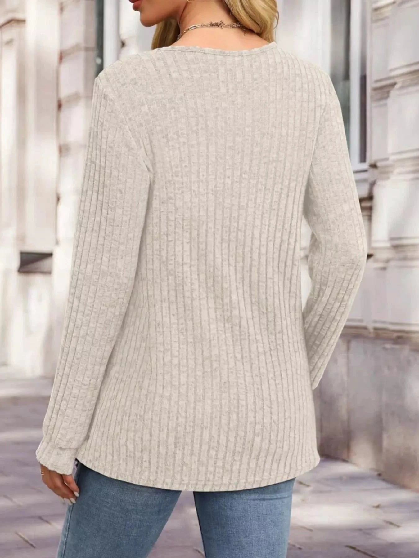 Ribbed Knit Button-Front Long Sleeve T-Shirt by Trendsi