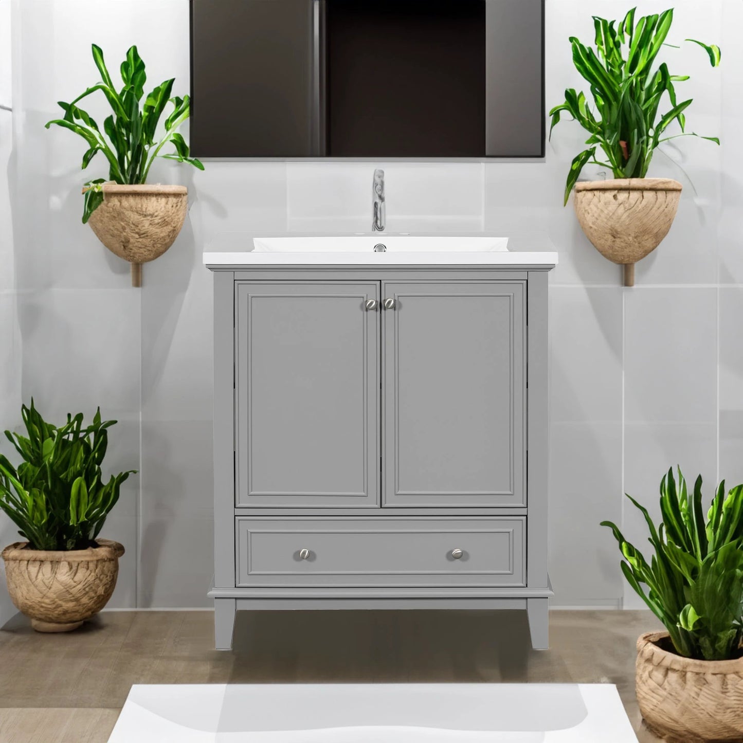 30inchgrey Bathroom Vanity with Sink ComboMulti-functional Bathroom Cabinet with Doors and Drawer Solid Frame and MDF Board by eprolo