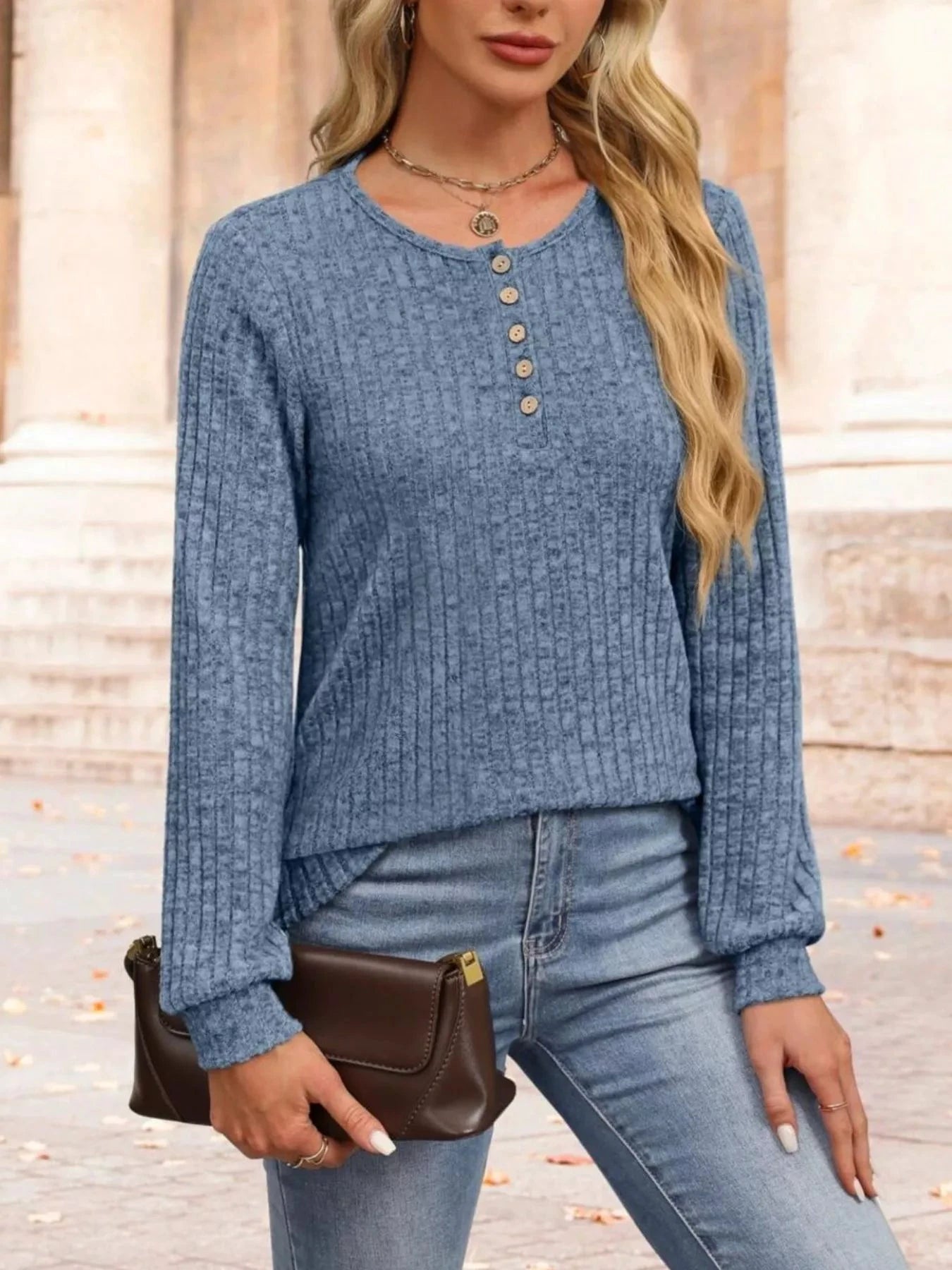 Ribbed Knit Button-Front Long Sleeve T-Shirt by Trendsi