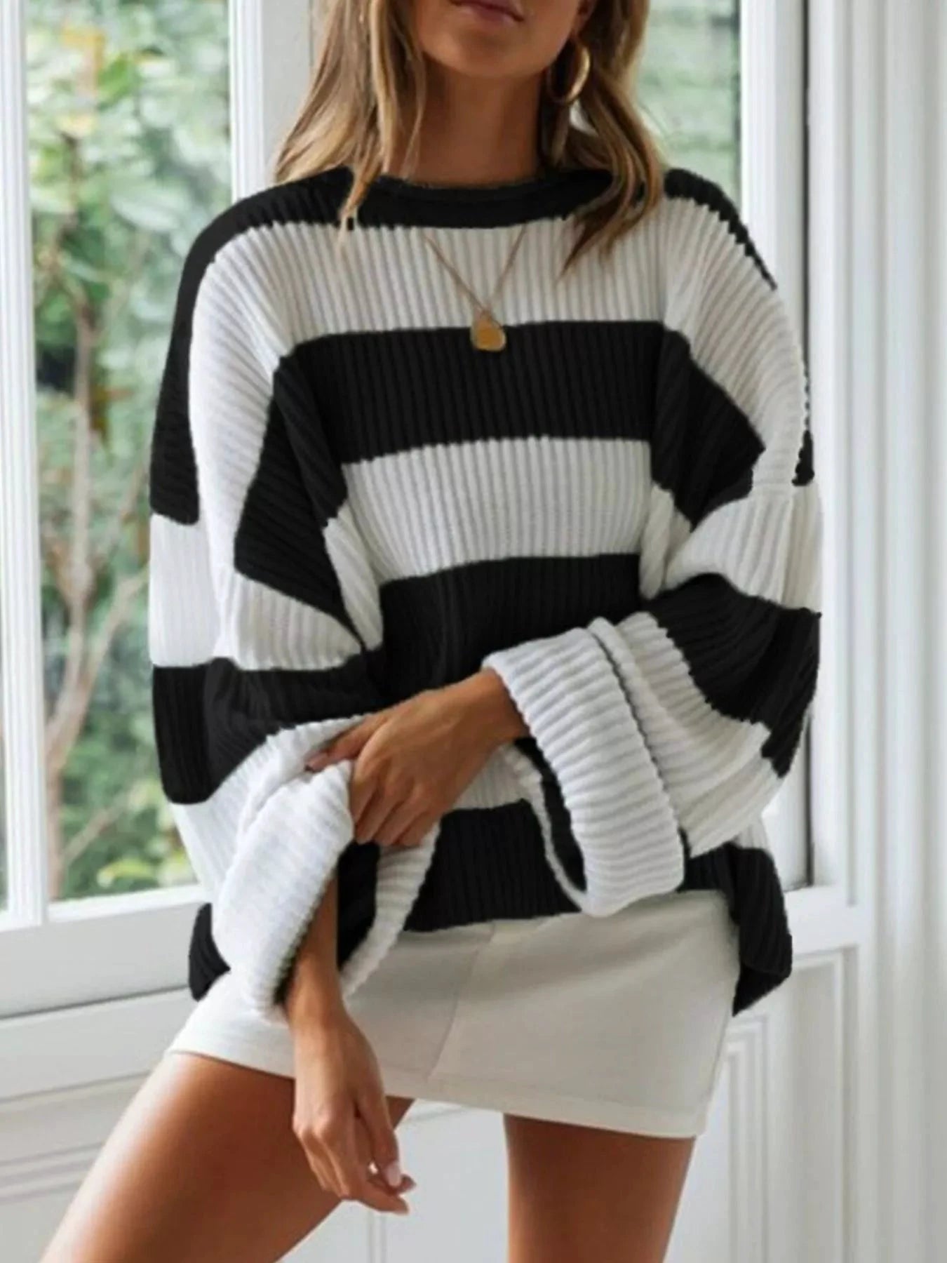 Full Size Contrast Striped Round Neck Sweater Plus Size by Trendsi