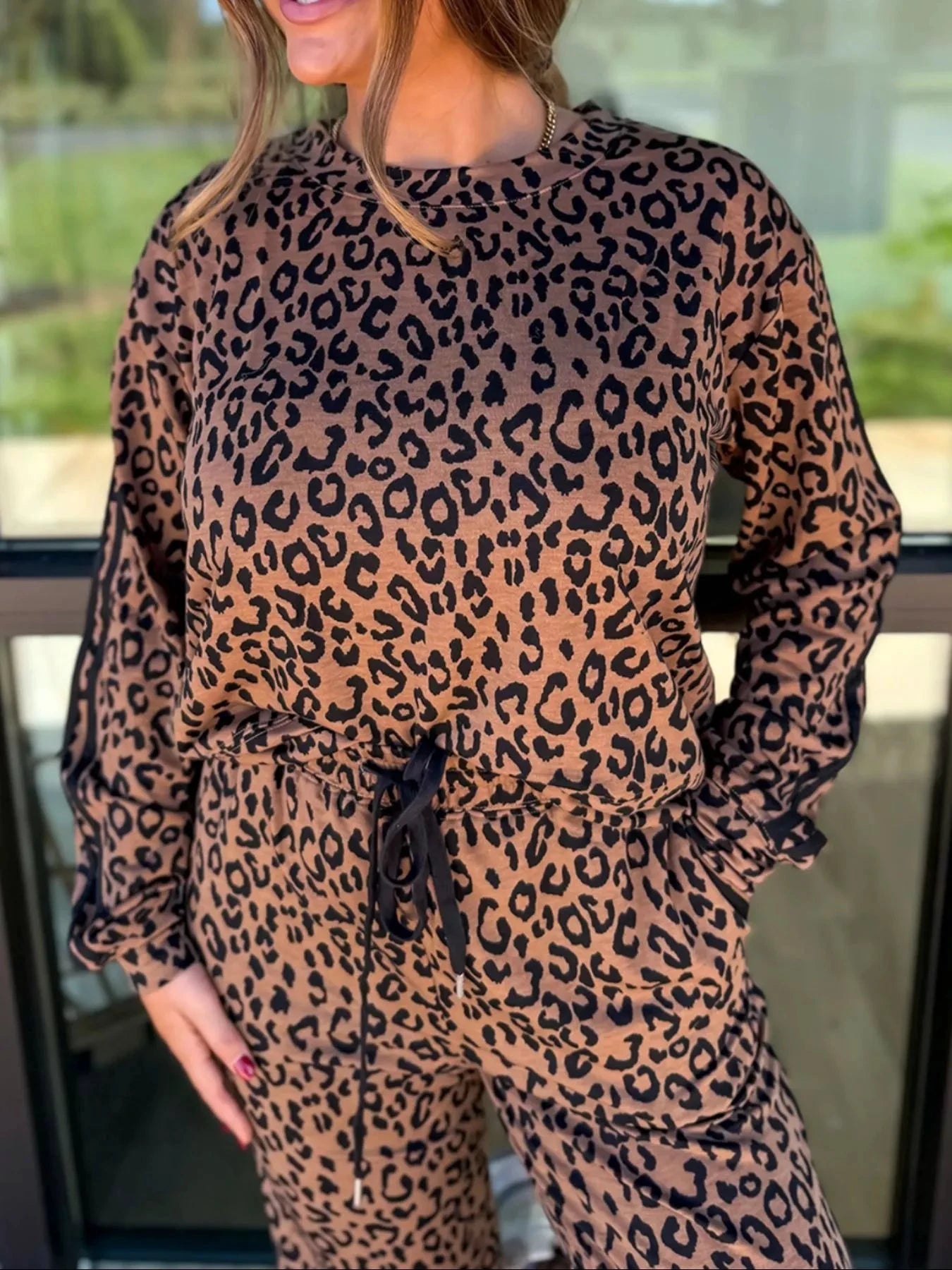 Striped Trim Leopard Long Sleeve Top Drawstring Pant Set by Trendsi