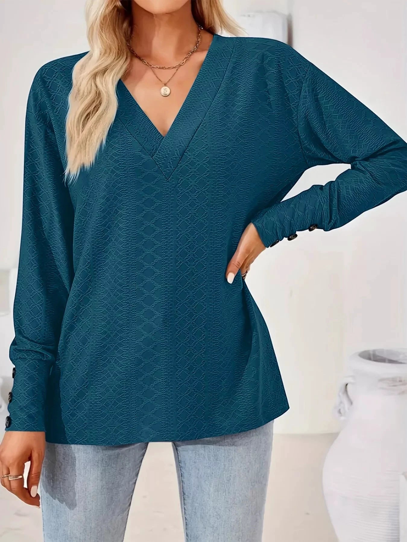 Plus Size V-Neck Textured Long Sleeve T-Shirt by Trendsi