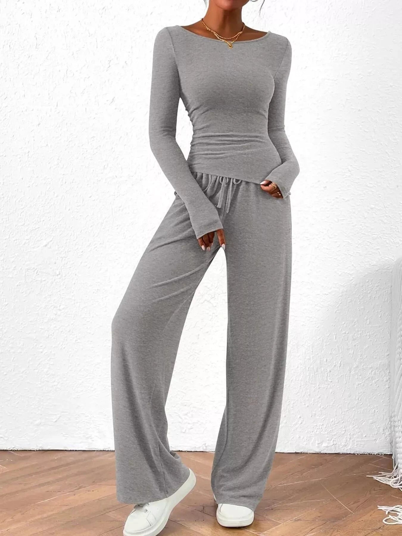 Long Sleeve Top and Wide Leg Pants Set by Trendsi