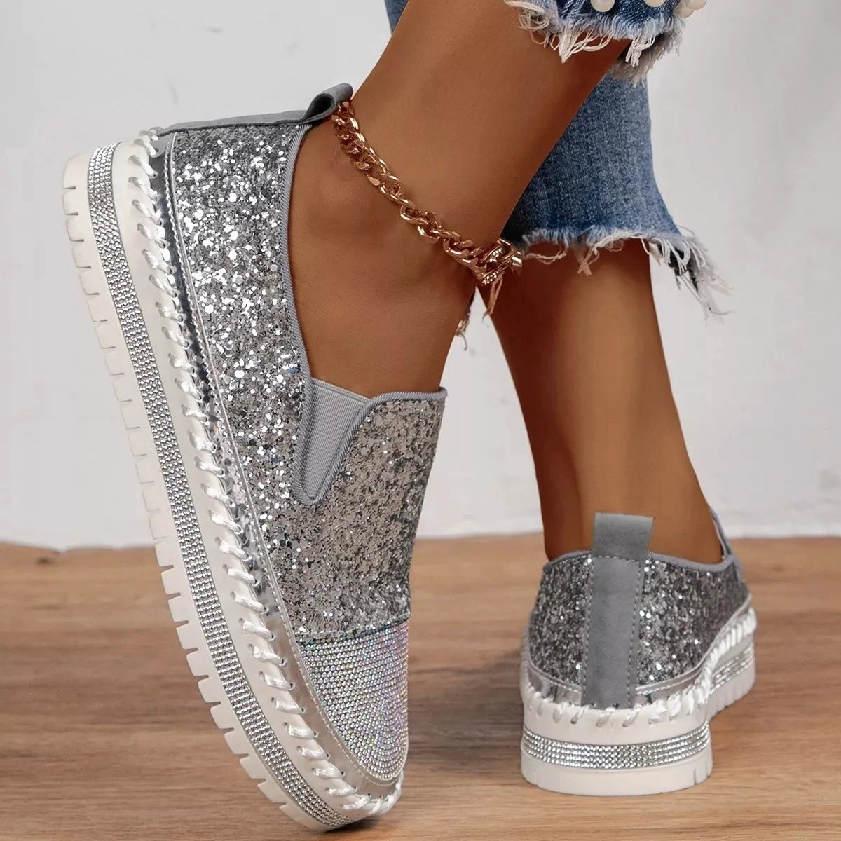 Rhinestone Sequin Round Toe Platform Loafers by Trendsi