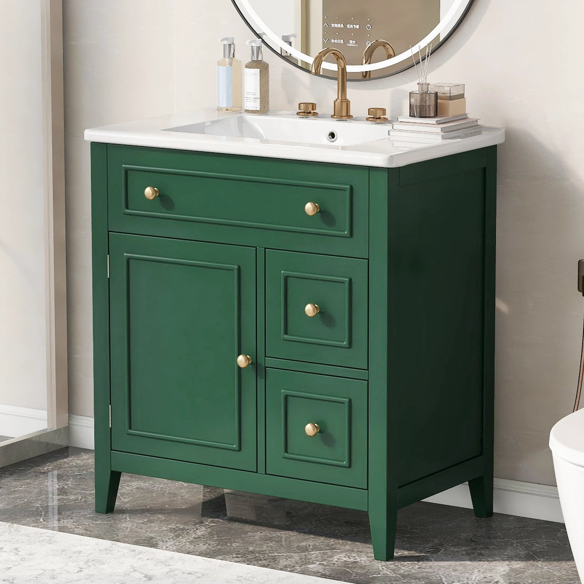 30" Bathroom Vanity with Sink Top, Bathroom Vanity Cabinet with Door and Two Drawers, Solid Wood Frame, One Package, Green by eprolo