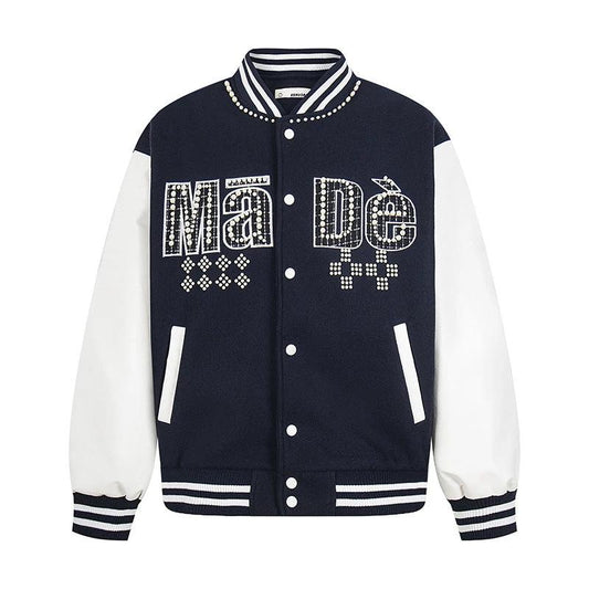 Patchwork Color-Blocking Beaded Baseball Jacket Loose Fit Couple's Jacket by eprolo