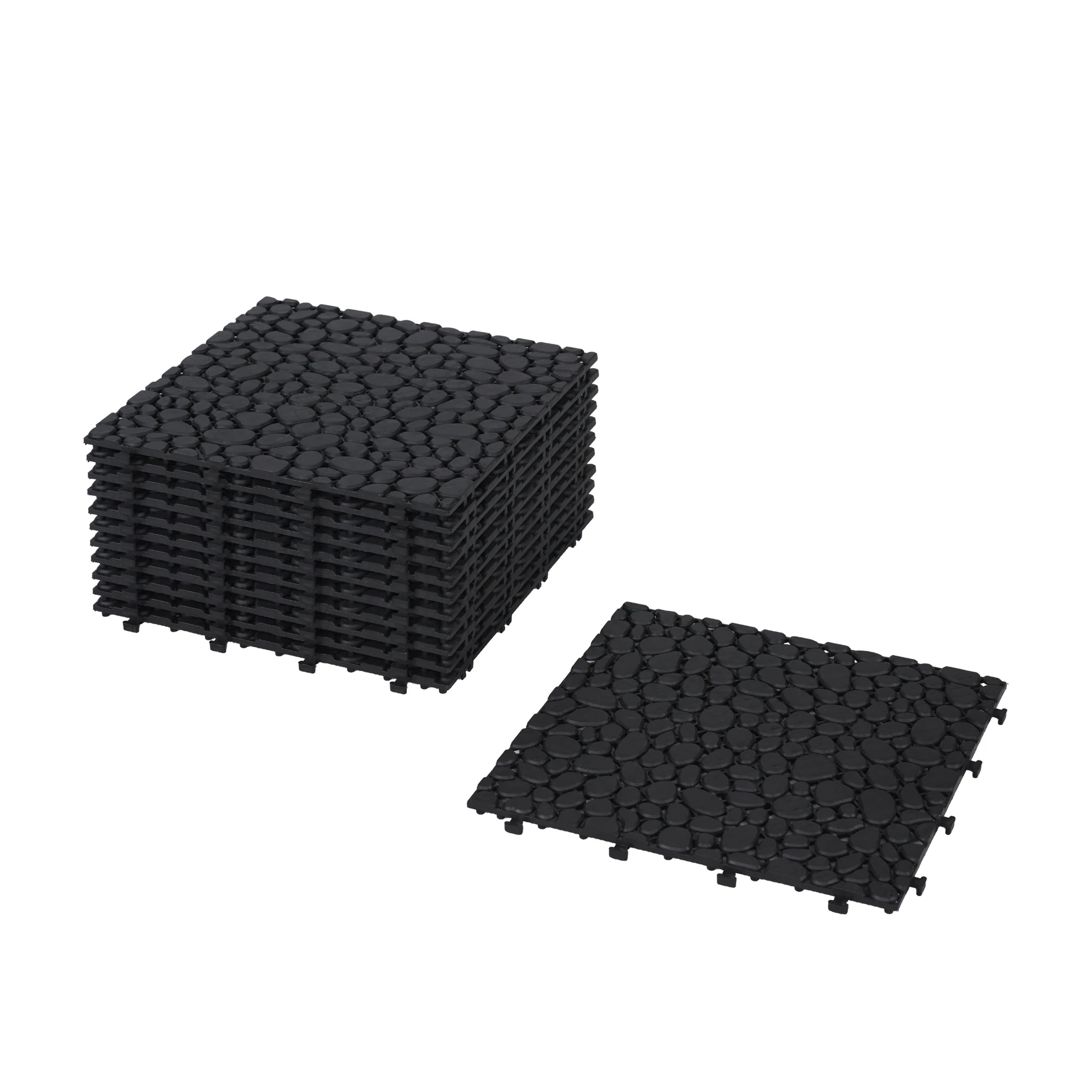 12 x 12 inch black interlocking deck tiles, plastic waterproofing, pebble pattern, pack of 12 by eprolo