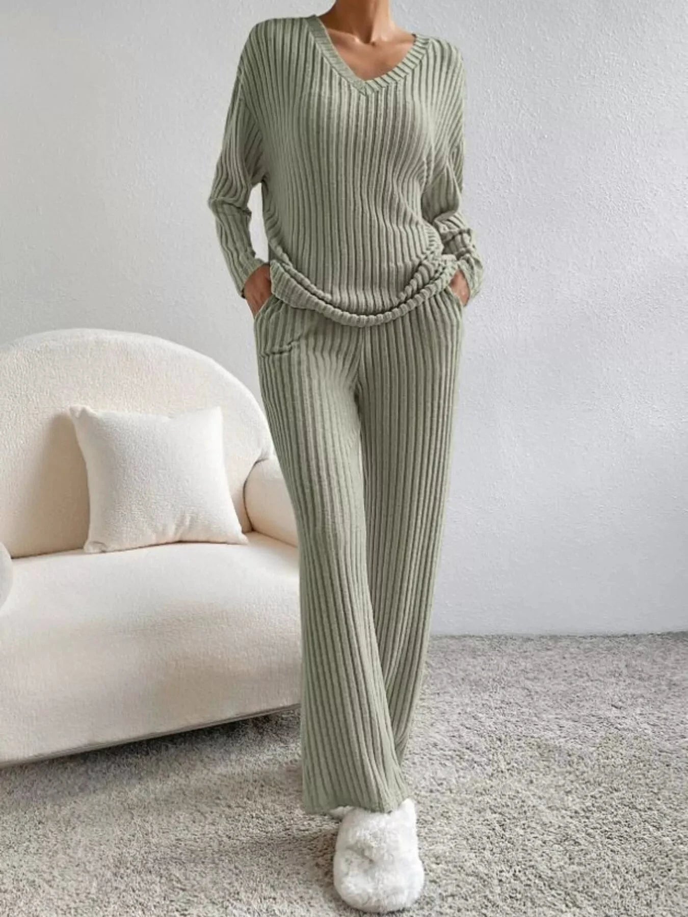 Ribbed Knit V-Neck Top and Pants Set by Trendsi
