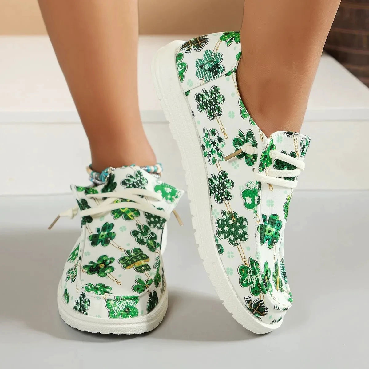 Lucky Clover Print Canvas Sneakers by Trendsi