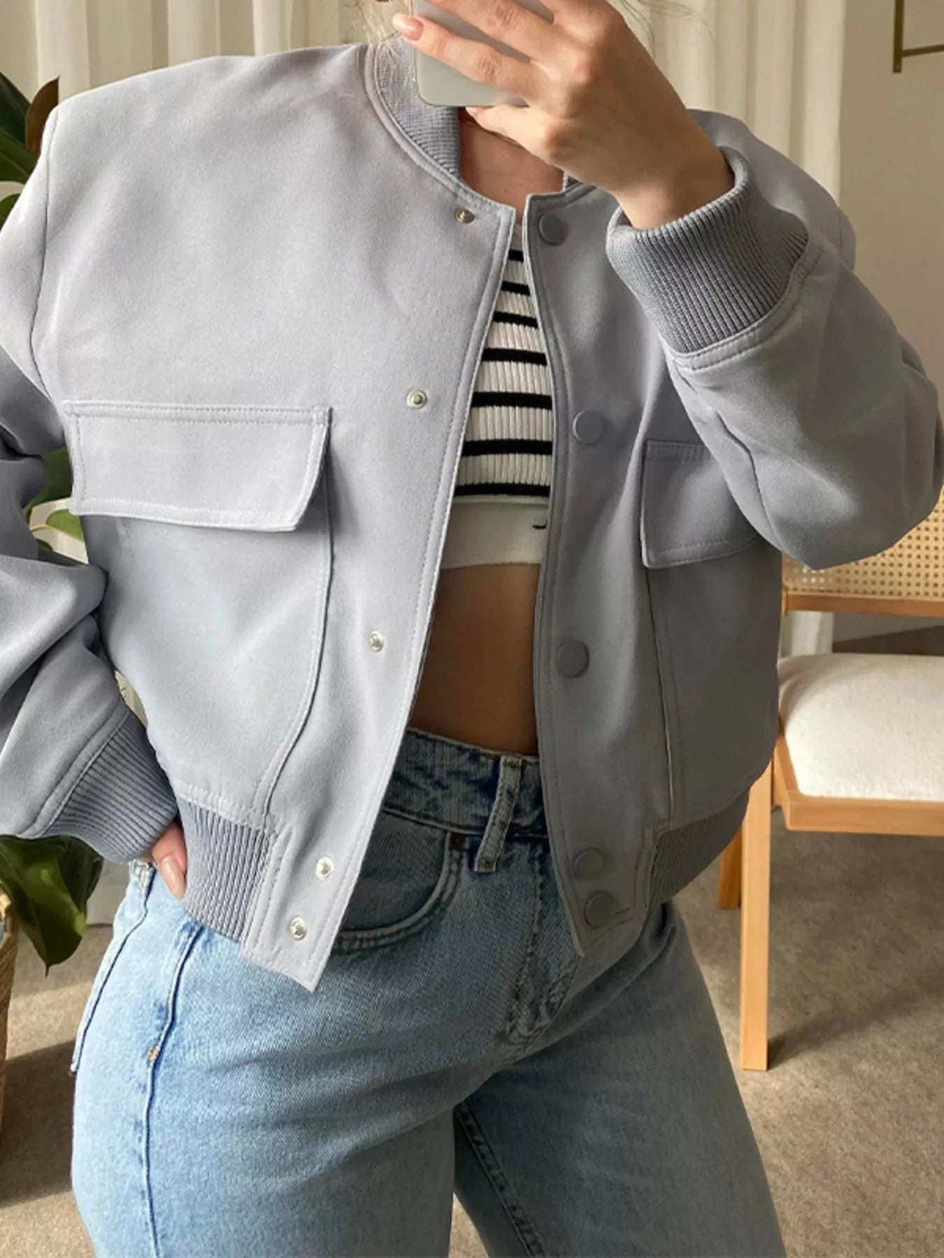 Full Size Snap Down Long Sleeve Jacket Plus Size by Trendsi