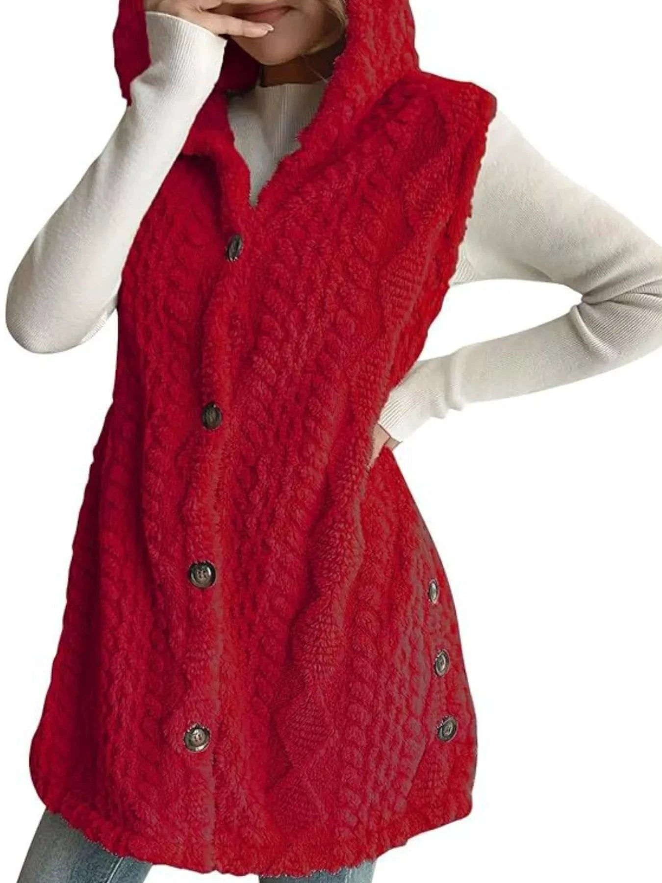 Hooded Button-Up Sherpa Vest Coat by Trendsi