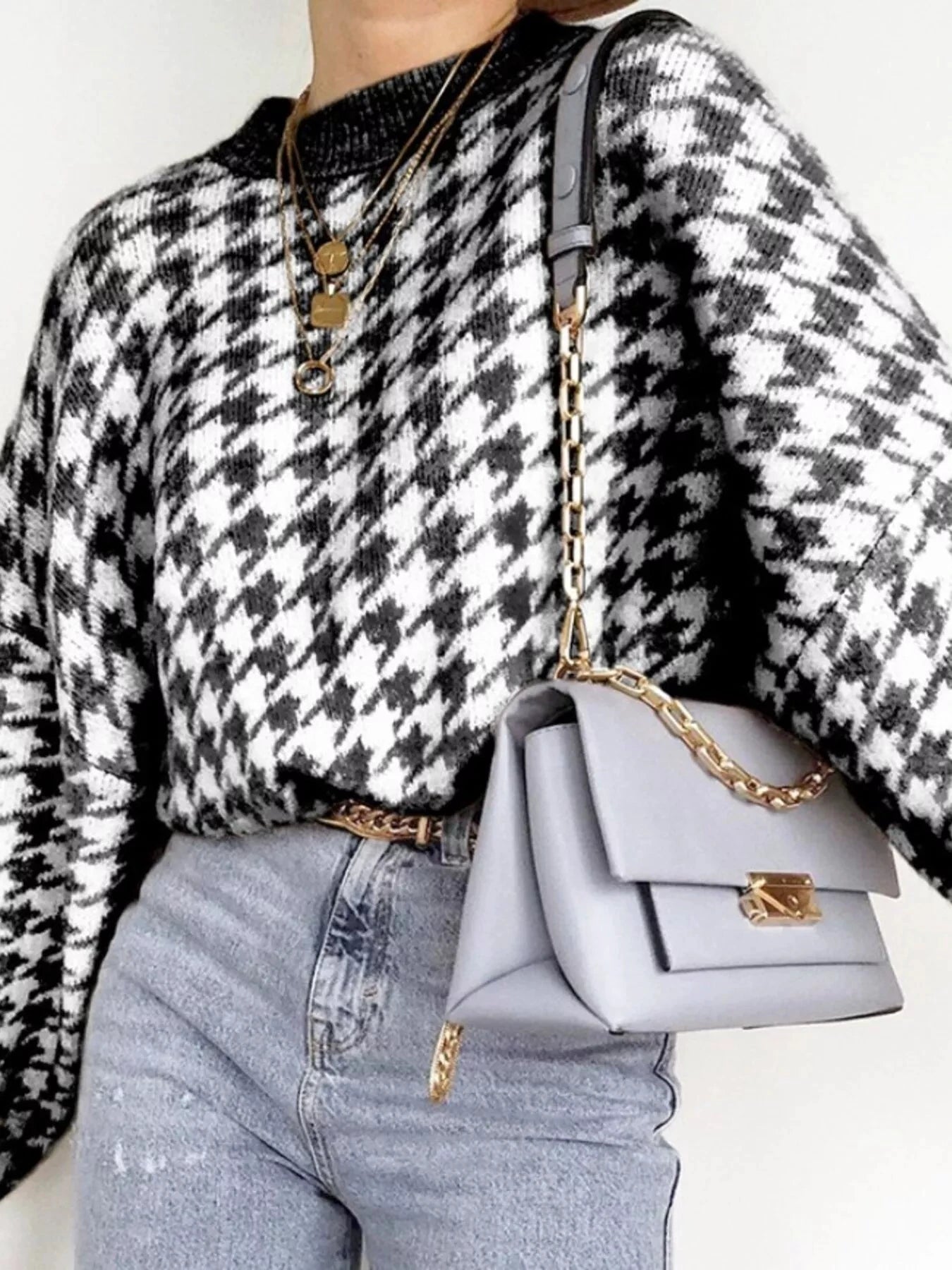 Full Size Houndstooth Pattern Oversized Sweater Plus Size by Trendsi