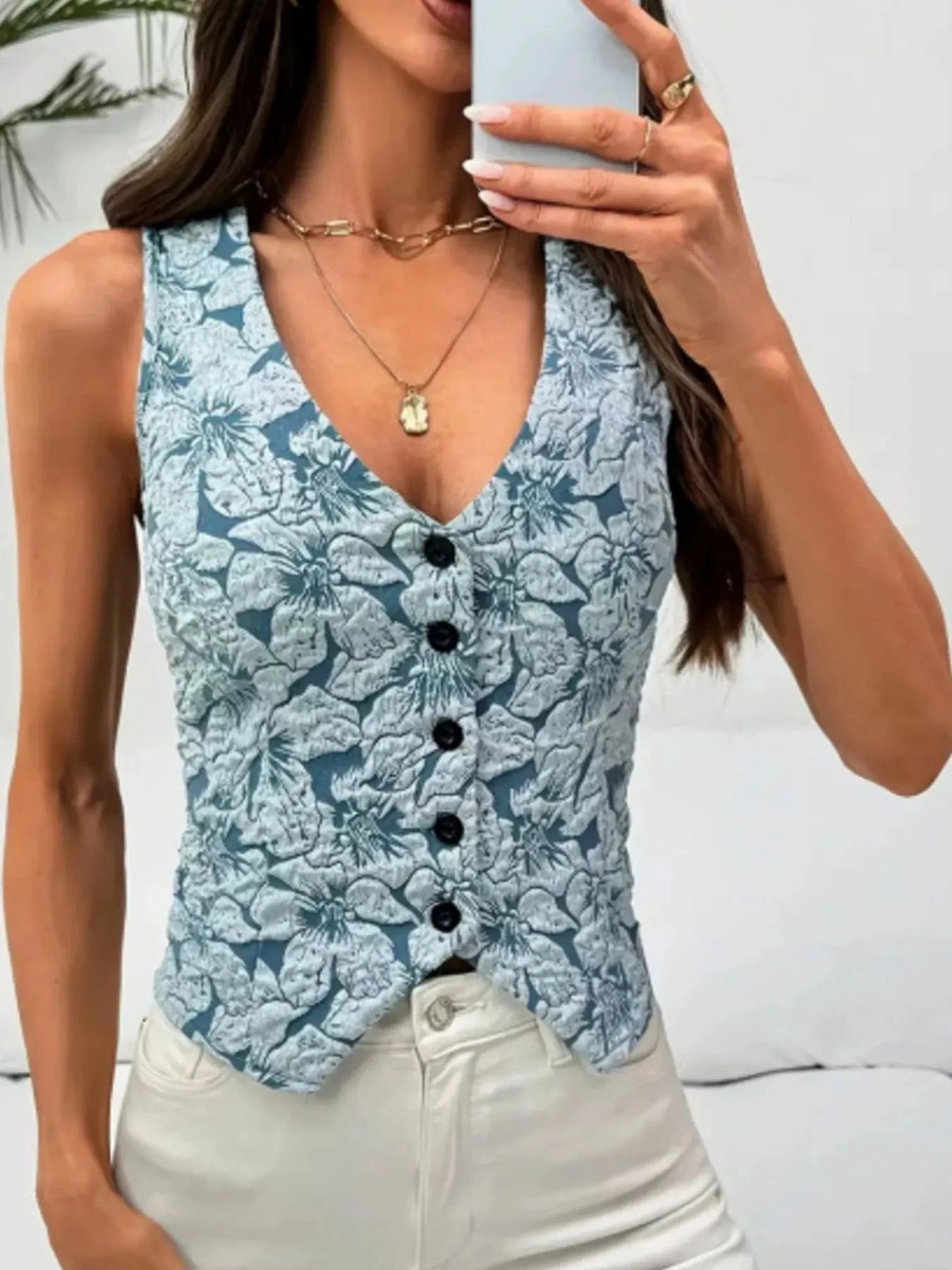 Floral Jacquard Button-Front Vest Coat by Trendsi