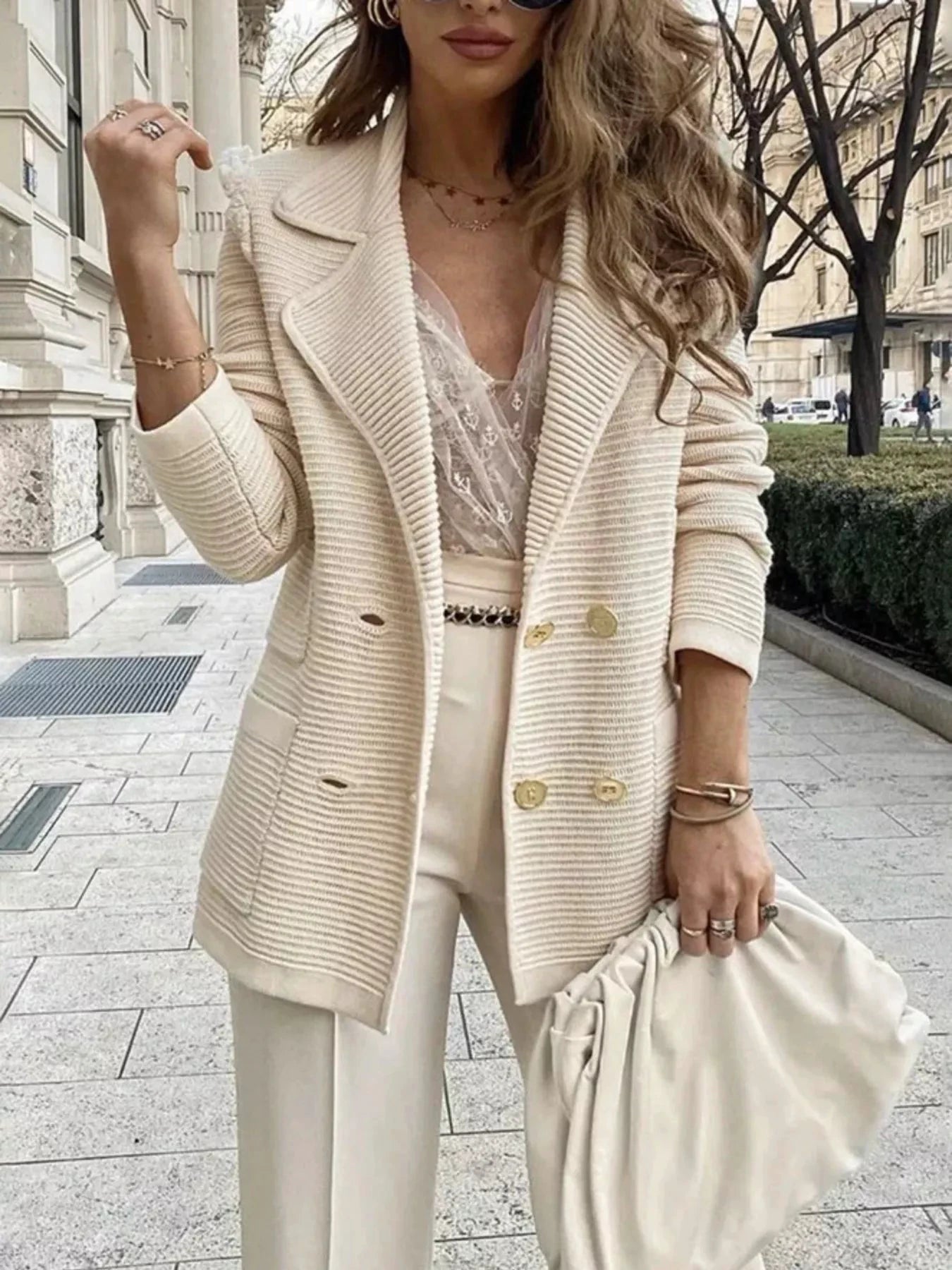 Texture Knit Double-Breasted Blazer by Trendsi