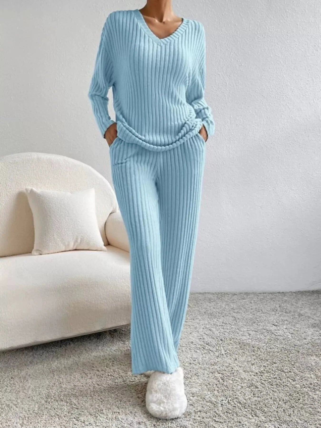 Ribbed Knit V-Neck Top and Pants Set by Trendsi
