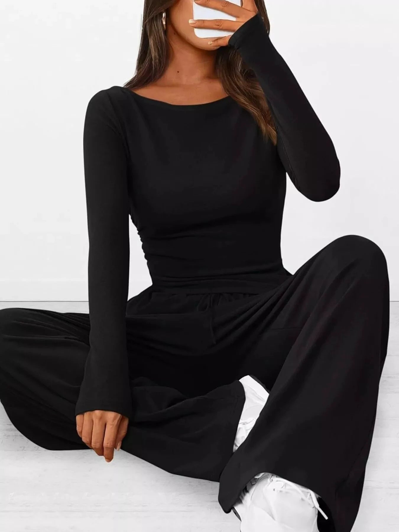 Long Sleeve Top and Wide Leg Pants Set by Trendsi