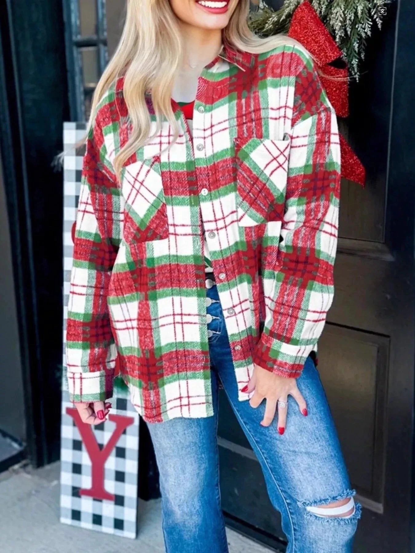 Plaid Button-Down Long Sleeve Shacket by Trendsi