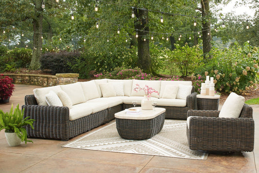 Kimora 7-Piece Outdoor Sectional Set Beige Dark Brown Sofa Love Seat End Table Cocktail-0