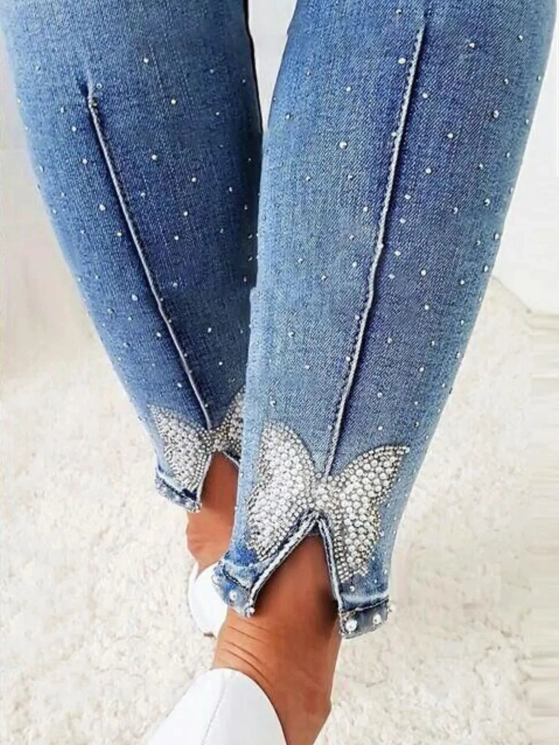 Rhinestone Butterfly Jeans with Pockets by Trendsi