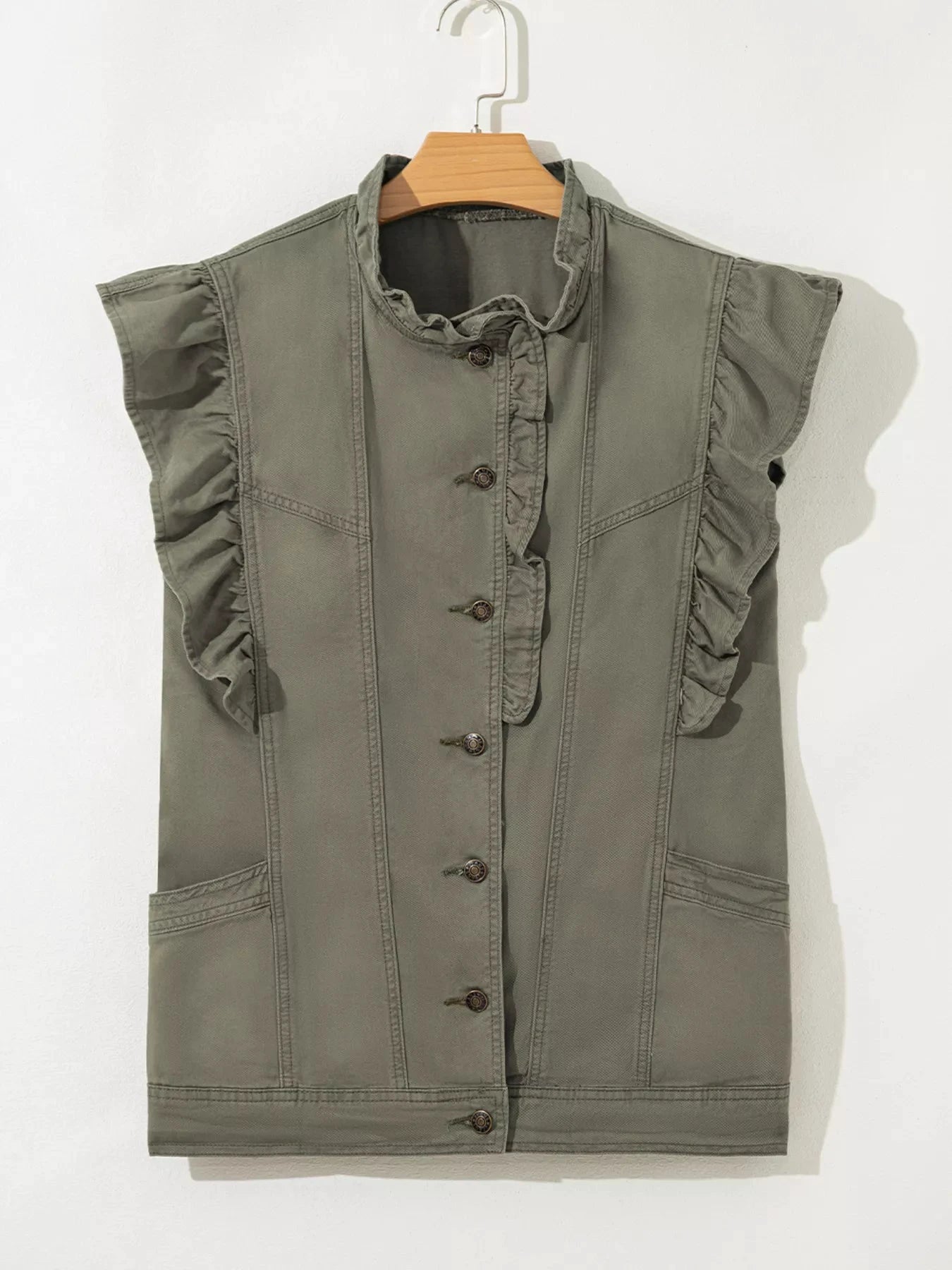 Ruffled Patchwork Denim Jacket Vest by Trendsi