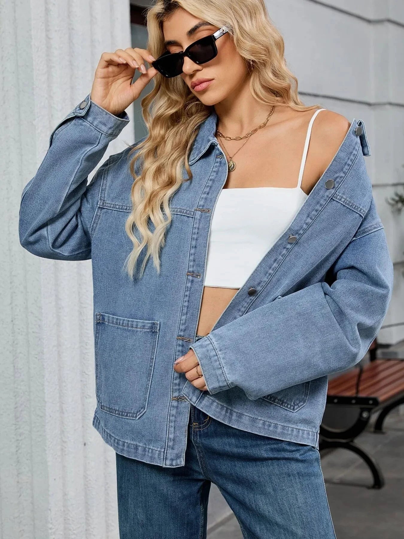 Washed Oversized Button Down Denim Jacket by Trendsi