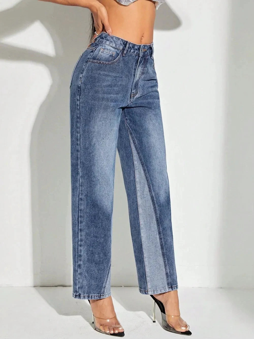 Contrast Patchwork Straight Jeans with Pockets by Trendsi
