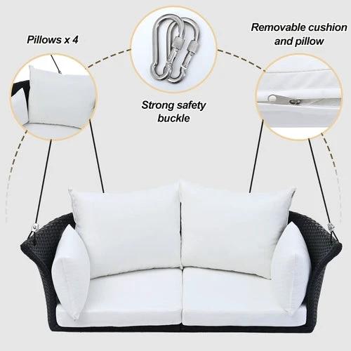 Hanging Rattan Porch Swing for 2 (Black Wicker + White by Jeansdenim.store