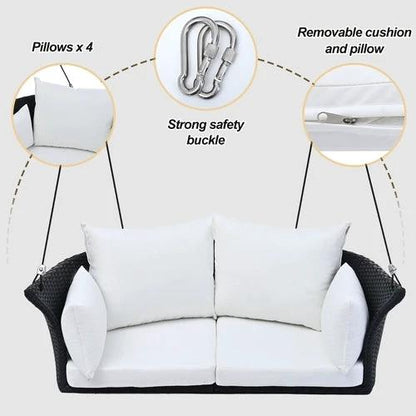 Hanging Rattan Porch Swing for 2 (Black Wicker + White by Jeansdenim.store