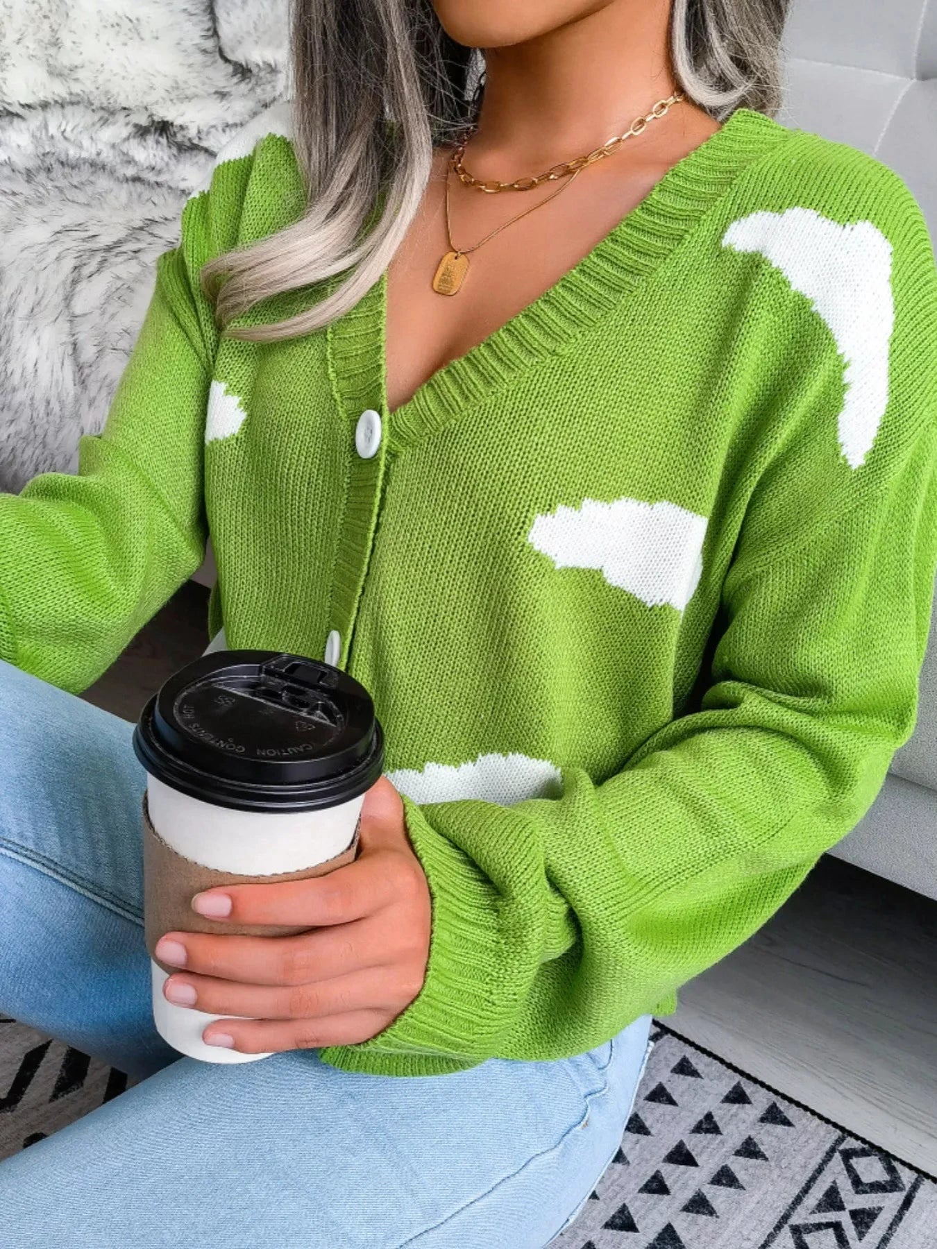 Cloud Pattern Button-Up Cropped Cardigan by Trendsi