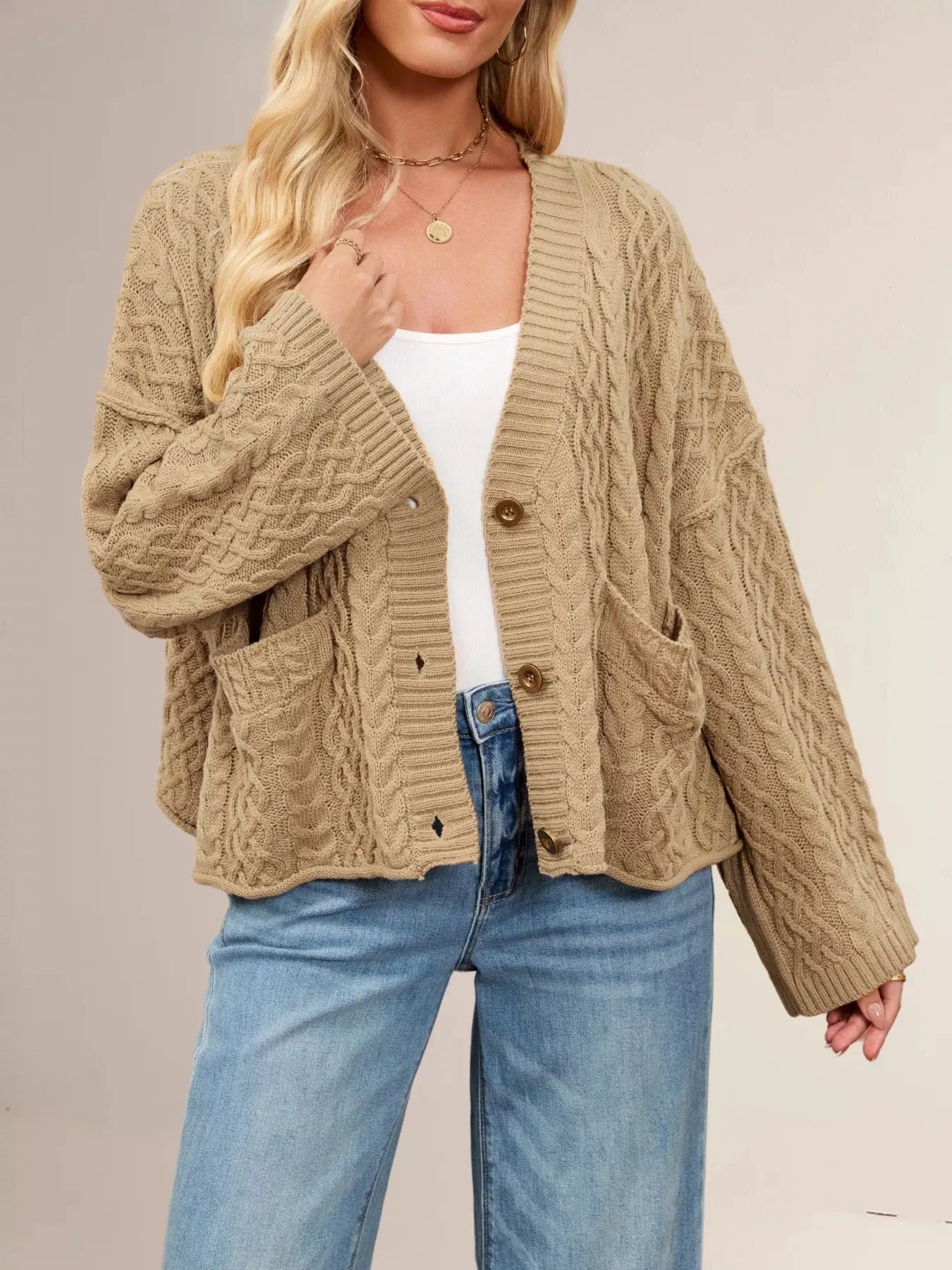 Cable Knit Button-Down Cardigan by Trendsi