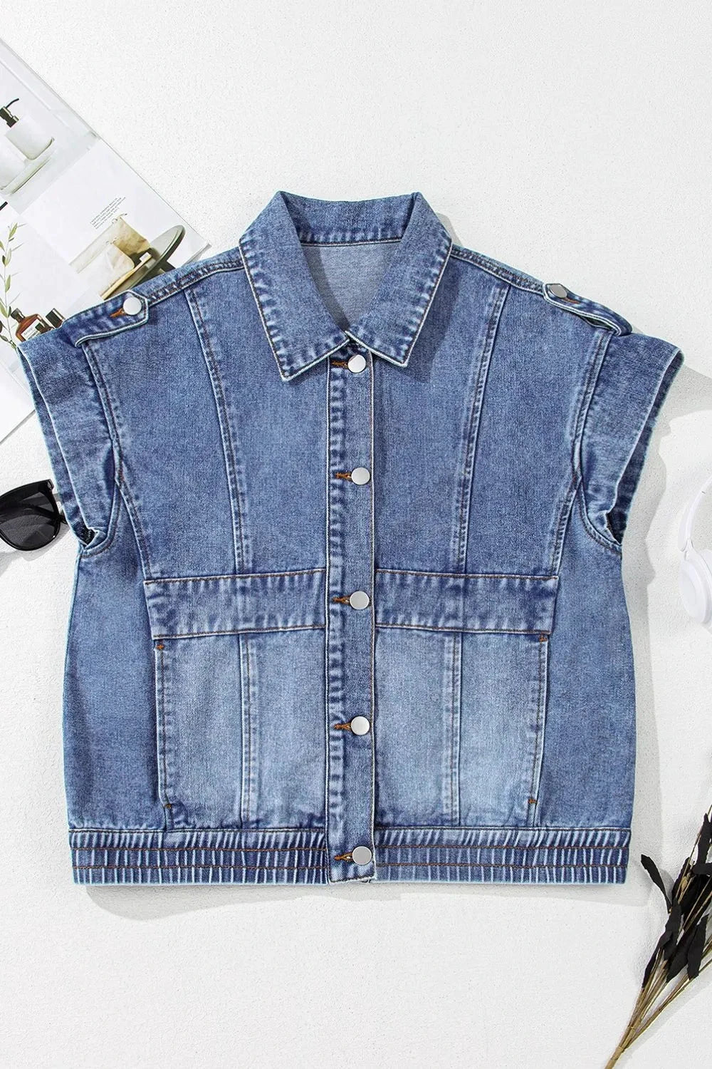 Button Up Cap Sleeve Denim Jacket by Trendsi