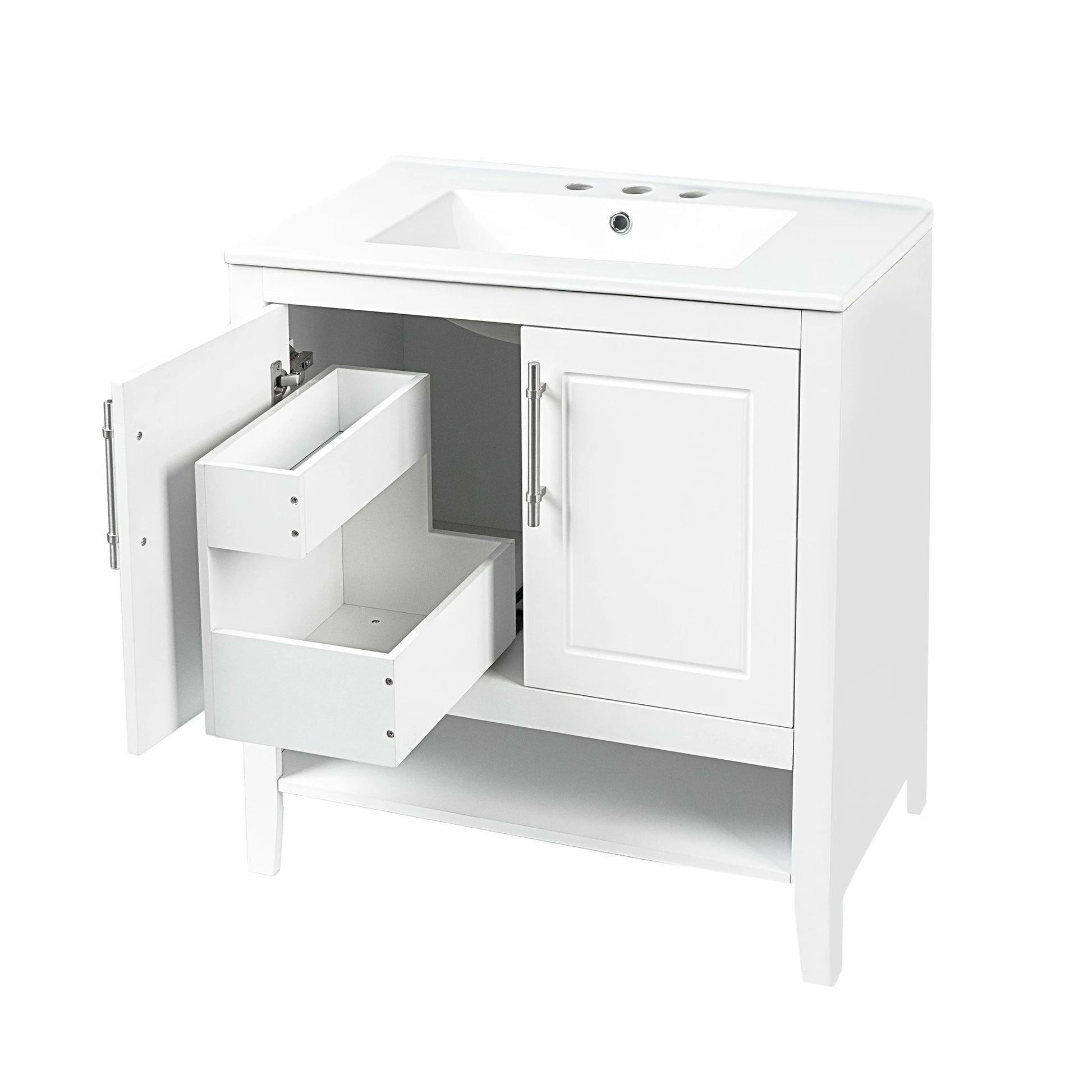 30" Bathroom Vanity with Sink Multi-functional Bathroom Cabinet with Doors and Drawers Solid Frame and MDF Board, White by eprolo