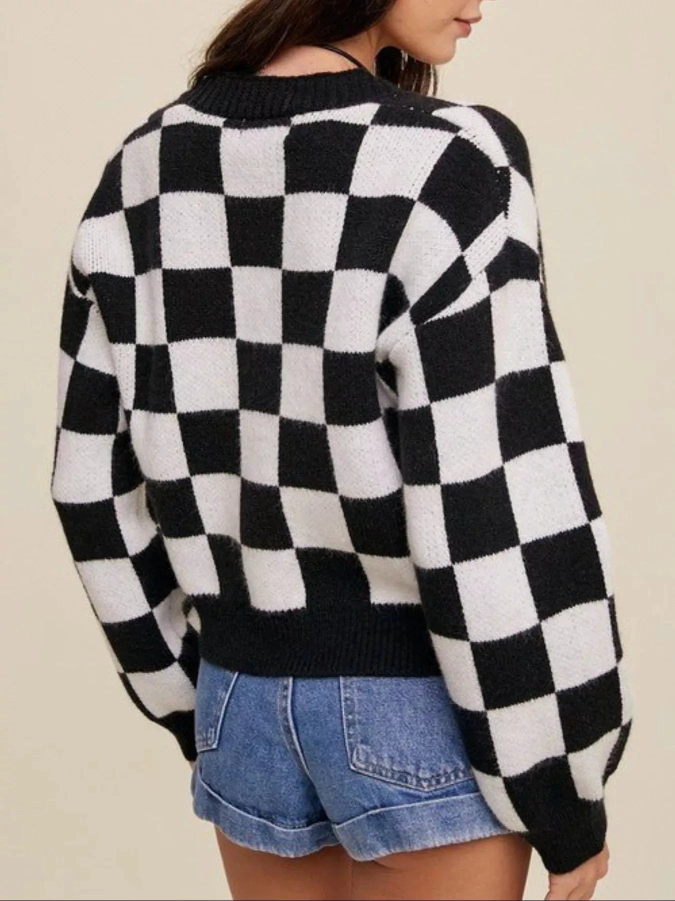 Checkerboard Pattern Button-Down Cardigan by Trendsi