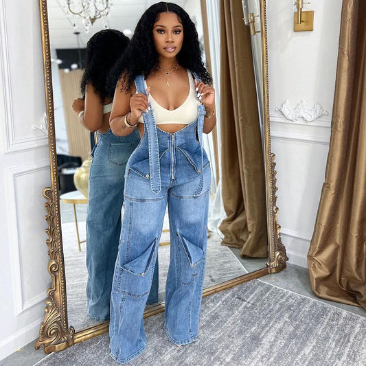 Womens Solid-Color Casual Washed Denim Suspender Overalls With Zipper by JeansDenim.Store