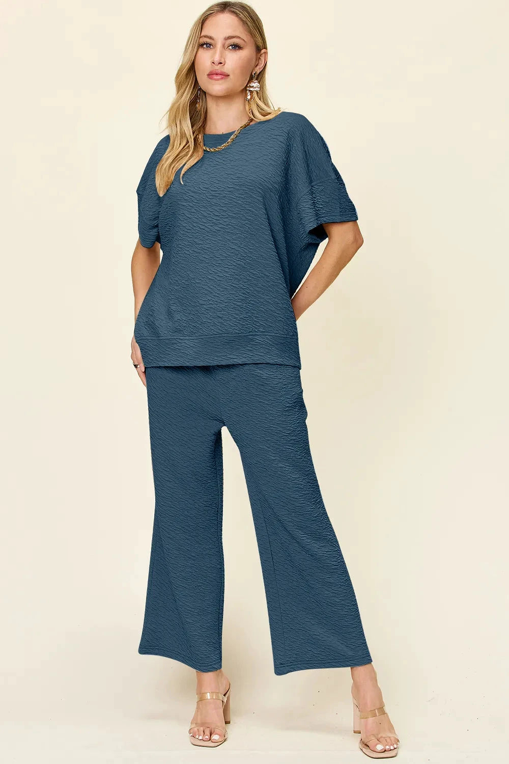Double Take Full Size Texture Short Sleeve Top and Pants Set by Trendsi