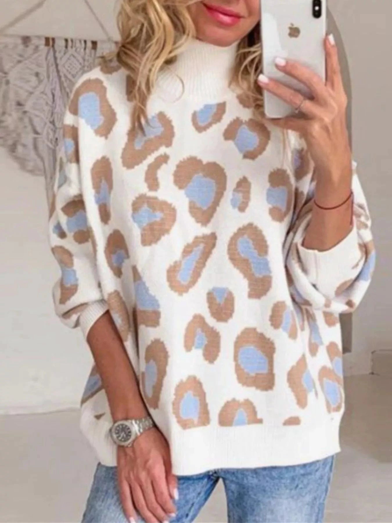 Leopard High Neck Sweater by Trendsi