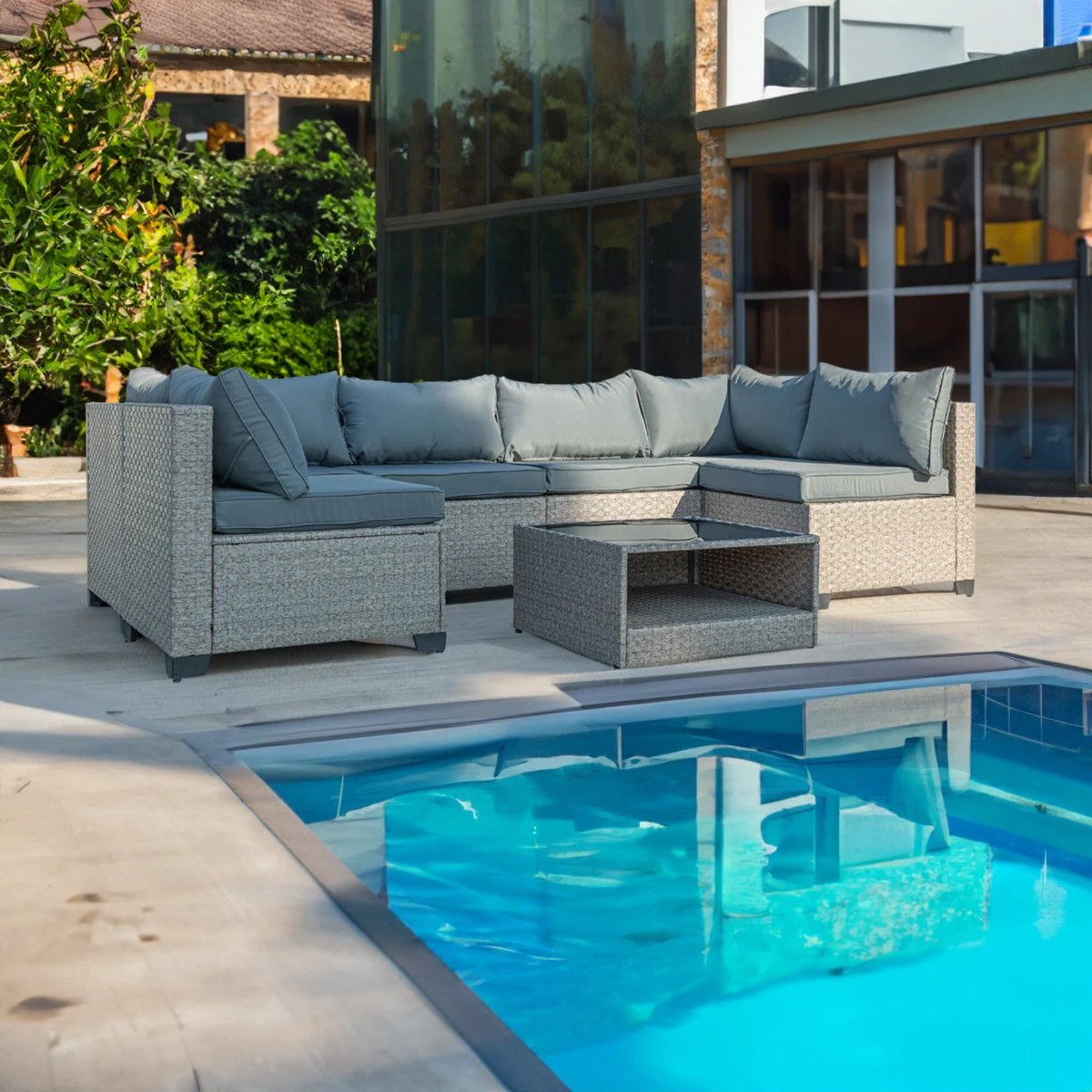 7-Piece Patio Furniture Set, All-Weather Boho Outdoor Conversation Set Sectional Sofa with Water Resistant Grey Thick Cushions by eprolo